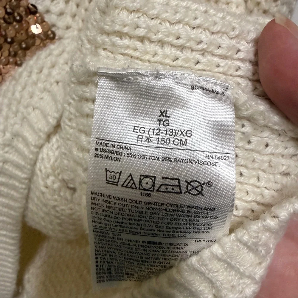 GapKids Girls XL 12 Cream Chunky Knit Sequin Penguin‎ Pullover Sweater Copper